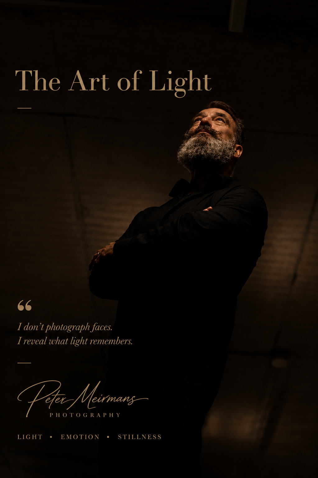 Fine art portrait by Dutch photographer Peter Meirmans, featuring dramatic chiaroscuro lighting and a contemplative man looking into the light.